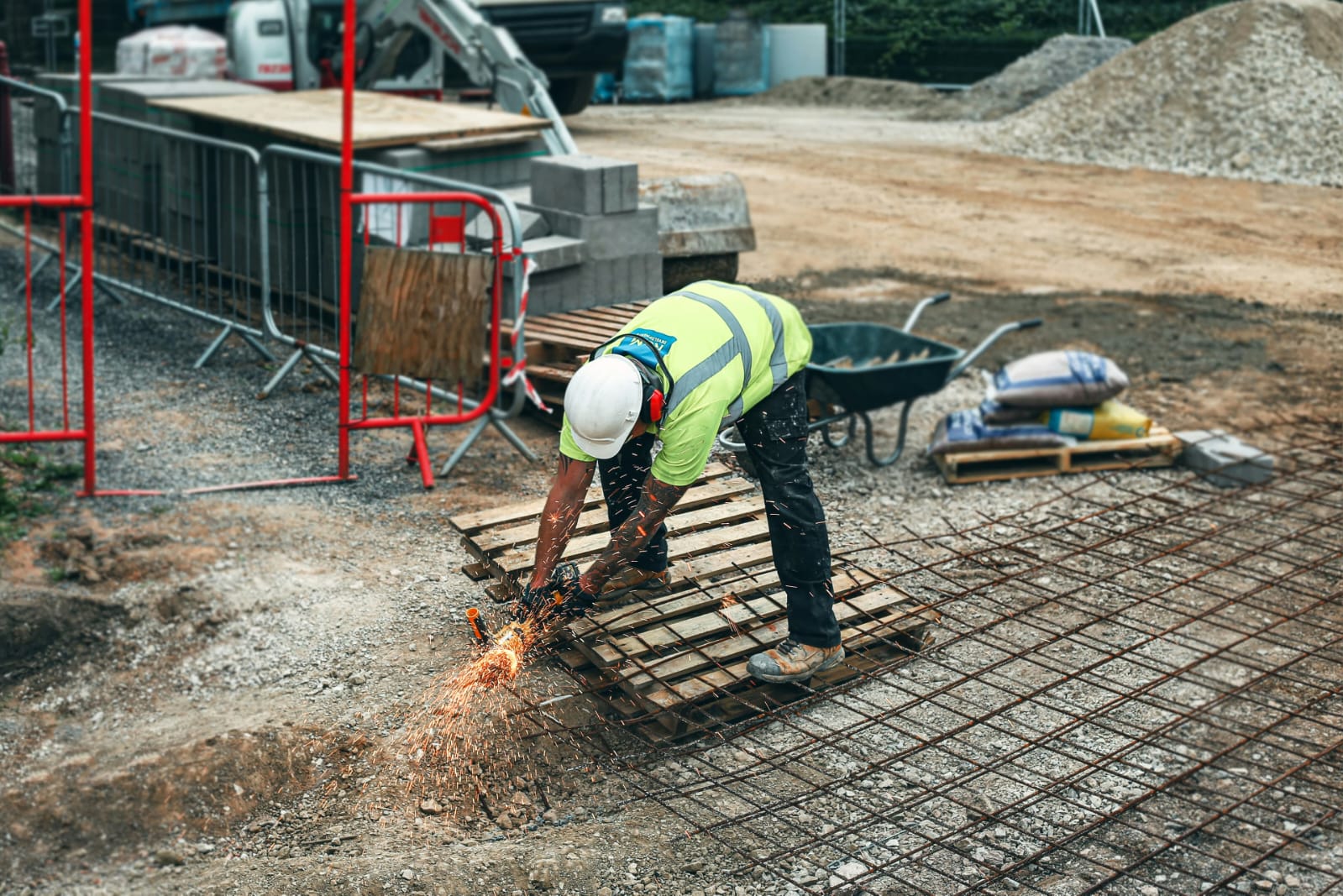 Steel reinforcement being prepared on site for a structural pour